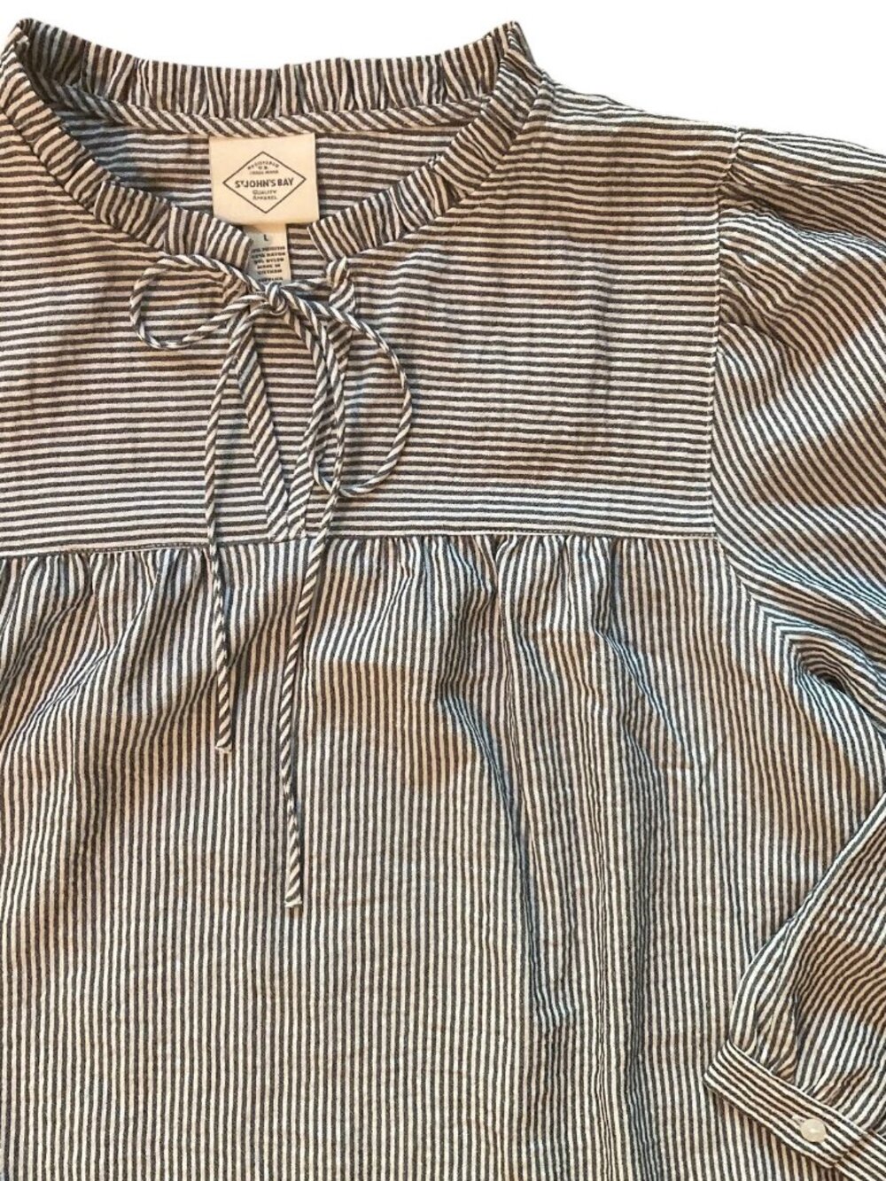 NEW! Women's ST. JOHN'S BAY Ruffle-Neck 3/4 Sleeve Blue Stripe Top Size Large